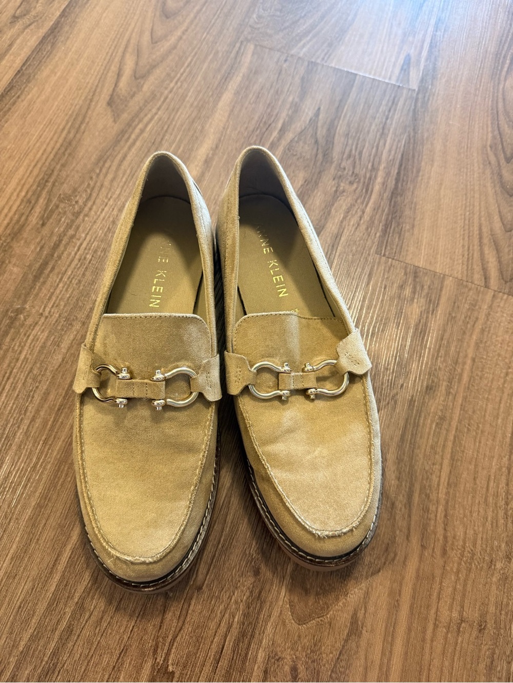 Anne Klein Suede Loafers in Beige-Tan with Gold Bit